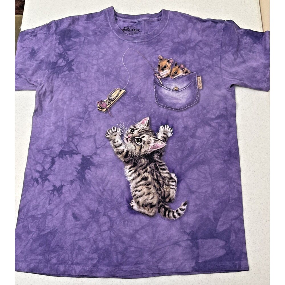 Vintage The Mountain Pocket Mouse w/ Kitten T-Shirt Tie Dye Purple 90s Sz Large - Picture 1 of 16